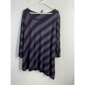 Womans Inc Woman 3x Purple Black Stripe Pull Over Scoop Neck 3/4 Sleeve Sweater